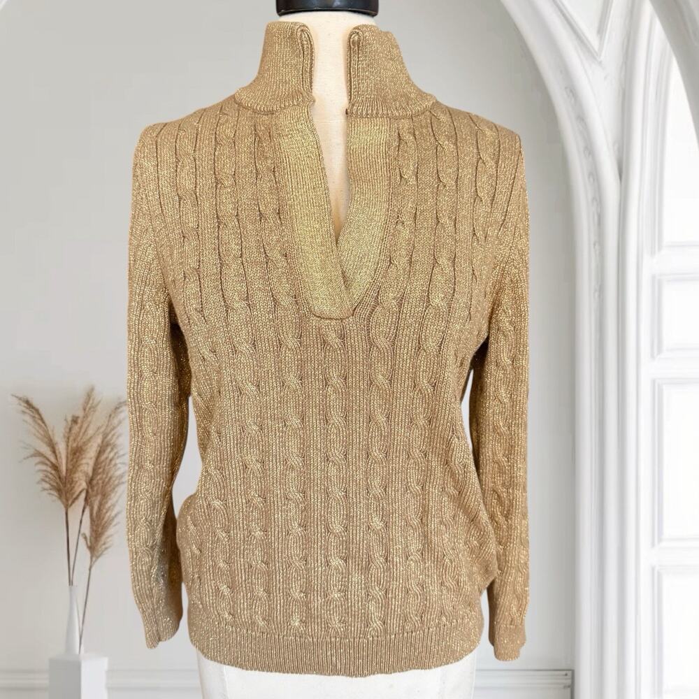 Lauren Ralph Lauren Metallic Gold Cable Knit Sweater Sz 1X Old Money Preppy Fun